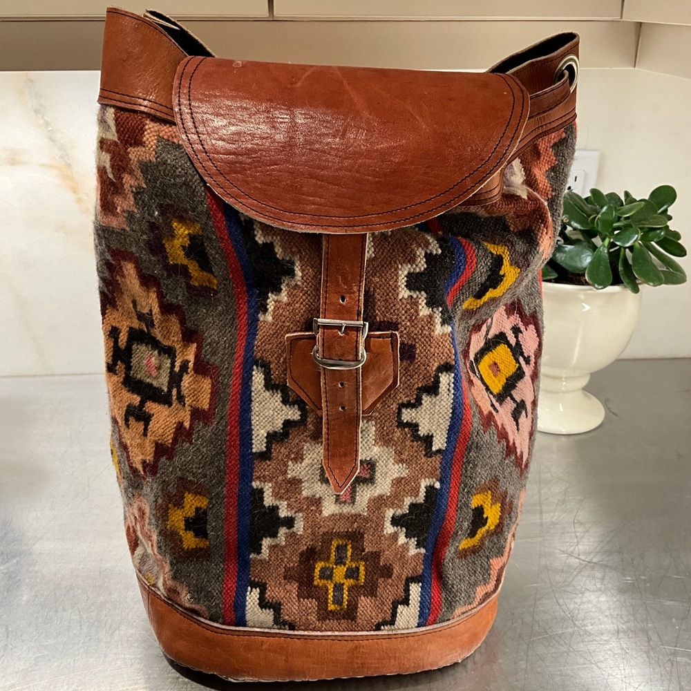 Handmade 100% Wool and Leather Colorful Kilim Rug Backpack